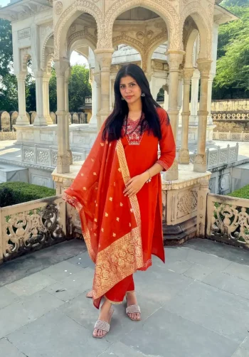 DESIGNER ROMAN SILK HANDWORK WITH SEQUENCE AND THREAD EMBROIDERY WORK TOP BOTTOM WITH DUPATTA ORANGE