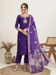 RICH LOOK SLUB COTTON EMBROIDERY SEQUENCE WORK TOP BOTTOM WITH DUPATTA PURPLE