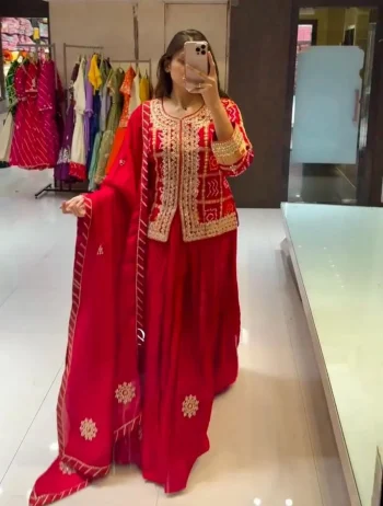 DESIGNER CHINON DIGITAL PRINT WITH EMBROIDERY CODING SEQUENCE WORK TOP LEHENGA WITH DUPATTA RED
