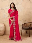 ATTRACTIVE CHIFFON EMBROIDERY CUTWORK WORK ARCO BORDER WORK SAREE WITH UNSTITCHED BLOUSE RANI