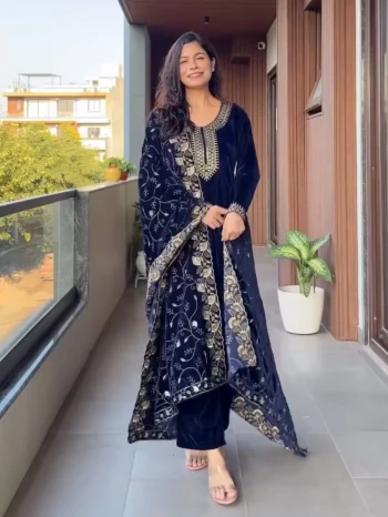 ATTRACTIVE VELVET SEQUENCE EMBROIDERY WORK TOP BOTTOM WITH DUPATTA NAVY BLUE