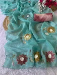 DESIGNER CRUNCHY HANDWORK AND PATCHWORK BORDER WITH FLOWAR WORK SAREE WITH UNSTITCHED BLOUSE SKY
