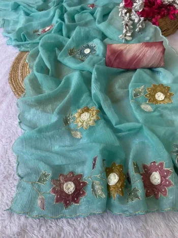 DESIGNER CRUNCHY HANDWORK AND PATCHWORK BORDER WITH FLOWAR WORK SAREE WITH UNSTITCHED BLOUSE SKY