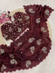 DESIGNER FENDY SATIN SILK HAND WORK WITH CUT WORK AARCO BORDER WORK SAREE WITH STITCHED BLOUSE MAROON