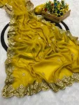 DESIGNER GEORGETTE FLORAL DESIGN ZARI EMBROIDERY BORDER WITH STONE WORK AND ZARI BUTTI WORK SAREE WITH UNSTITCHED BLOUSE YELLOW