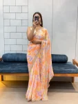 DESIGNER GEORGETTE SHIBORI PRINT WITH CODING SEQUENCE RAINBOW LACE WORK SAREE WITH UNSTITCHED BLOUSE PEACH