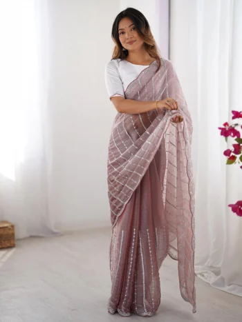 DESIGNER JIMMY CHOO CHIFFON SILK SEQUENCE WORK AND PALLU CUT WORK AND ARC CUT BORDER WORK SAREE WITH UNSTITCHED BLOUSE BROWN