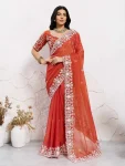 DESIGNER MOSS CHIFFON EMBROIDERY CUTWORK WORK ARCO BORDER WORK SAREE WITH UNSTITCHED BLOUSE ORANGE