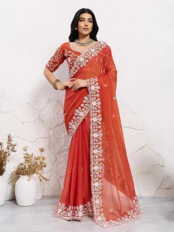 DESIGNER MOSS CHIFFON EMBROIDERY CUTWORK WORK ARCO BORDER WORK SAREE WITH UNSTITCHED BLOUSE ORANGE