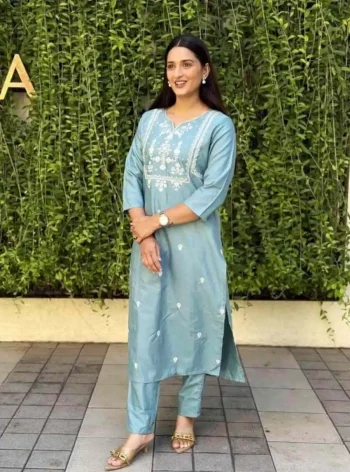 DESIGNER POLY RAYON EMBROIDERY WORK TOP PENT SET SKY