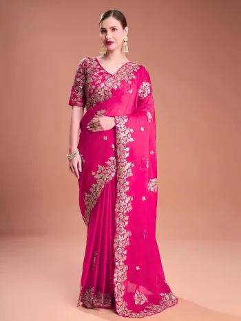 DESIGNER RANGOLI SILK JARI DORI & THREAD WITH SEQUENCE AND JARI EMBROIDERY WORK SAREE WITH UNSTITCHED BLOUSE PINK