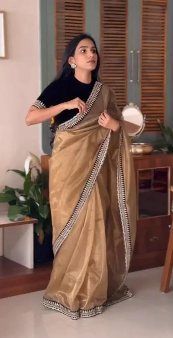 DESIGNER TWILL NET SEQUENCE WITH JARI DORI EMBROIDERY WORK VELVET LACE BORDER WORK SAREE WITH UNSTITCHED BLOUSE CREAM