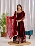 DESIGNER VELVET EMBROIDERY MULTI SEQUENCE WORK GOWN BOTTOM WITH DUPATTA MAROON