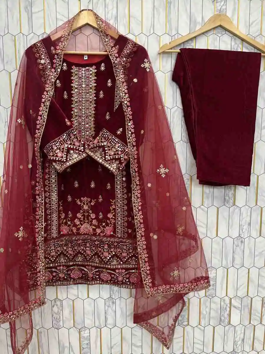 1DESIGNER VELVET EMBROIDERY SEQUENCE WORK TOP BOTTOM WITH DUPATTA FESTIVE WEAR WHOLESALE PRICE ETHNIC GARMENT (11)