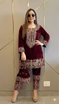 DESIGNER VELVET ZARI EMBROIDERY WORK TOP BOTTOM SET MAROON