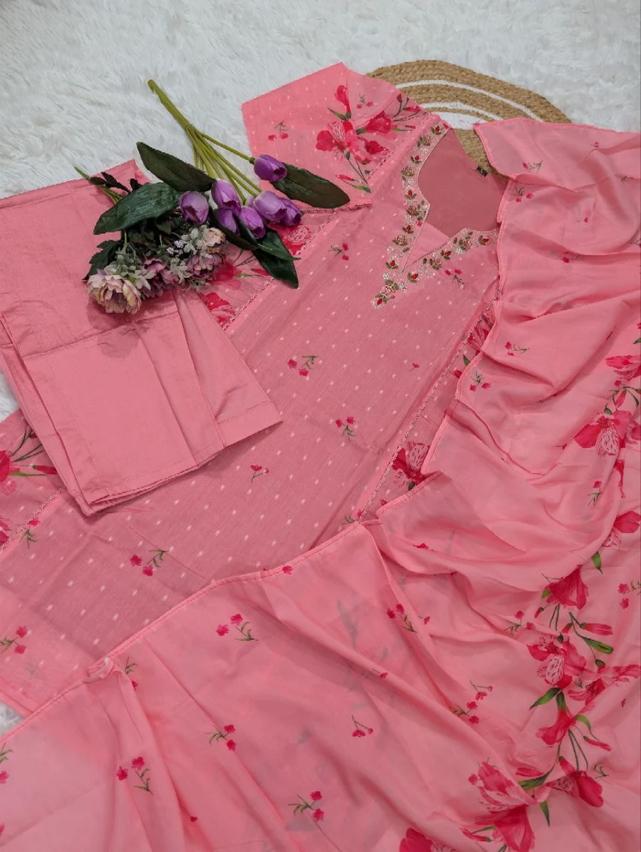 1FANCY CHANDERI JACQUARD BUTTI WITH HEAVY SEQUENCE EMBROIDERY WORK TOP BOTTOM WITH DUPATTA OFFIVE WEAR WHOLESALE PRICE ETHNIC GARMENT (15)