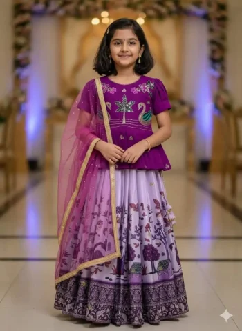 FANCY CHINON EMBROIDERY SEQUENCE WORK KID'S TOP LEHENGA WITH DUPATTA PURPLE