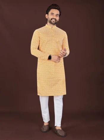 FANCY COTTON BLEND HANDCRAFTED LUCKHNAWI CHIKANKARI WORK MEN'S KURTA PAYJAMA YELLOW