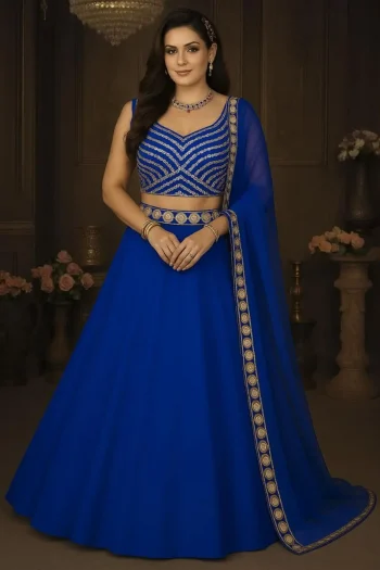 FANCY GEORGETTE EMBROIDERY FOIL WORK LEHENGA CHOLI WITH DUPATTA BLUE