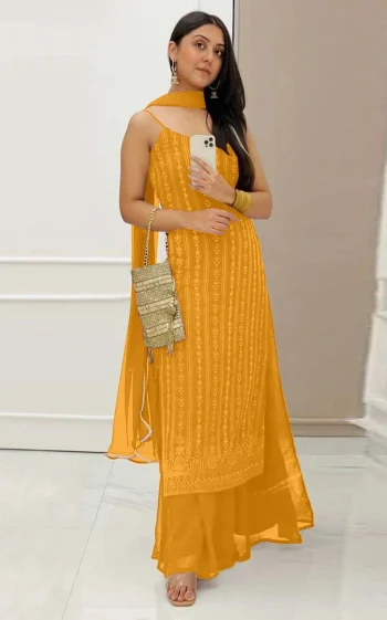 FANCY GEORGETTE EMBROIDERY SEQUENCE WORK TOP PALAZZO WITH DUPATTA YELLOW