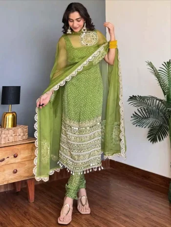 FANCY GEORGETTE PEARL MOTI & REAL MIRROR HAND WORK WITH EMBROIDERY WORK TOP BOTTOM WITH DUPATTA GREEN