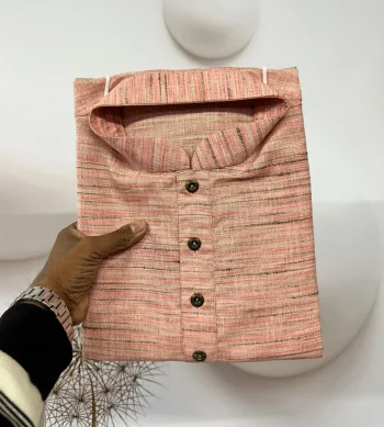 FANCY KHADI LINEN HANDWOVEN WORK MEN'S KURTA PAYJAMA PEACH