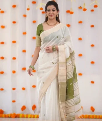 FANCY LINEN COTTON WEAVING WORK SAREE WITH UNSTITCHED BLOUSE GREEN