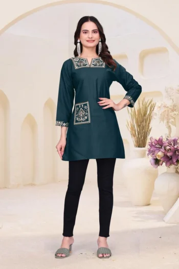 31FANCY RAYON EMBROIDERY WORK SHORT KURTI  TEAL