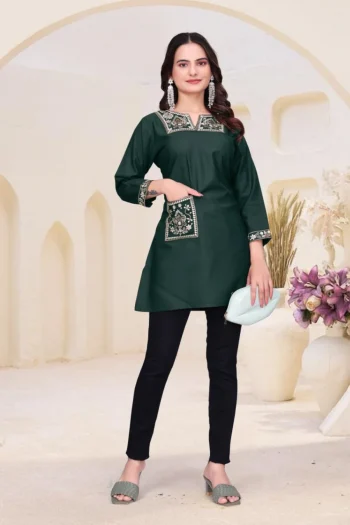 31FANCY RAYON EMBROIDERY WORK SHORT KURTI GREEN