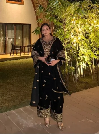 FANCY VELVET SEQUENCE & ZARI EMBROIDERY WORK TOP PALAZZO WITH DUPATTA  BLACK