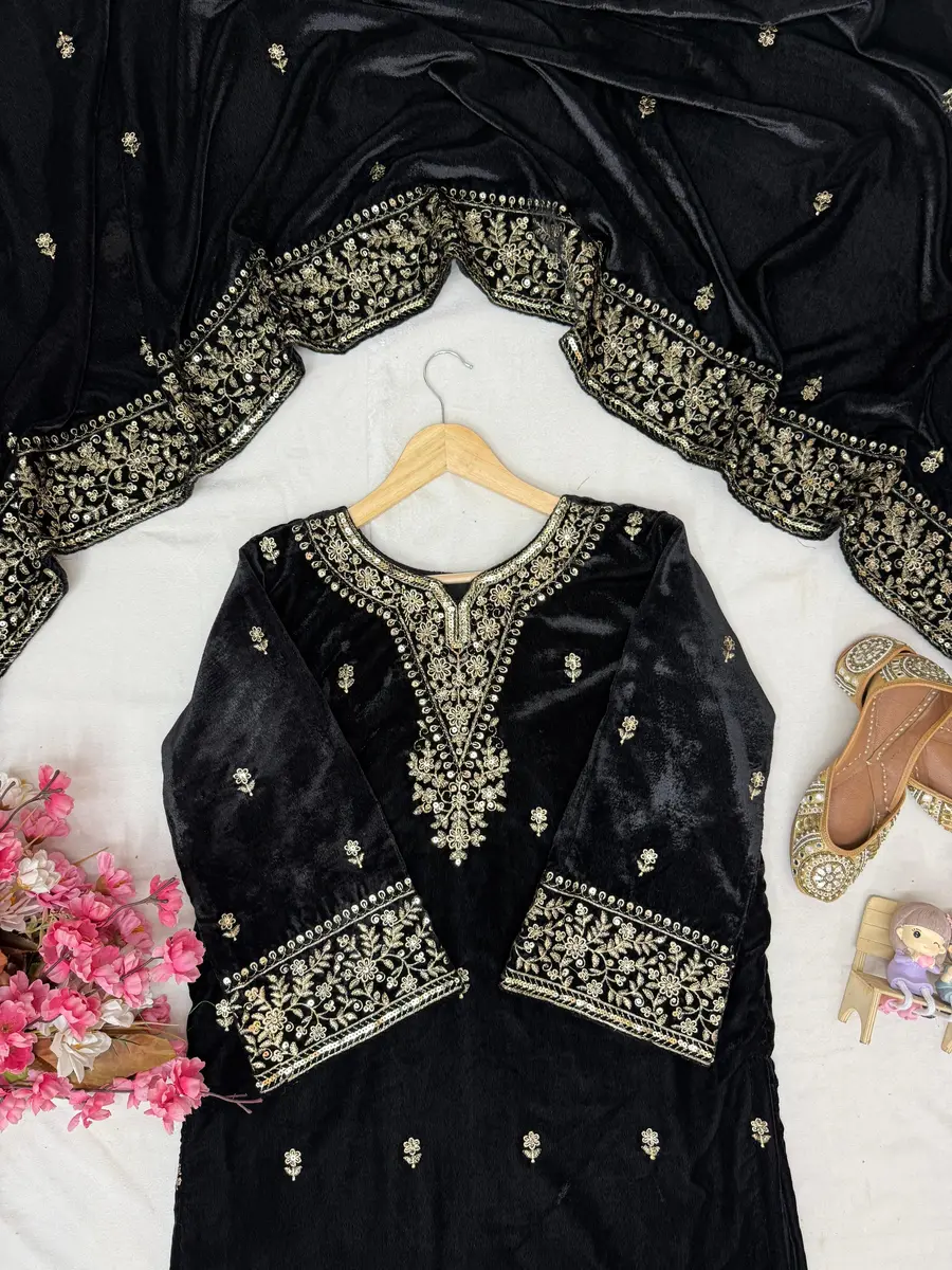 1FANCY VELVET SEQUENCE & ZARI EMBROIDERY WORK TOP PALAZZO WITH DUPATTA FESTIVE WEAR WHOLESALE PRICE ETHNIC GARMENT (47)