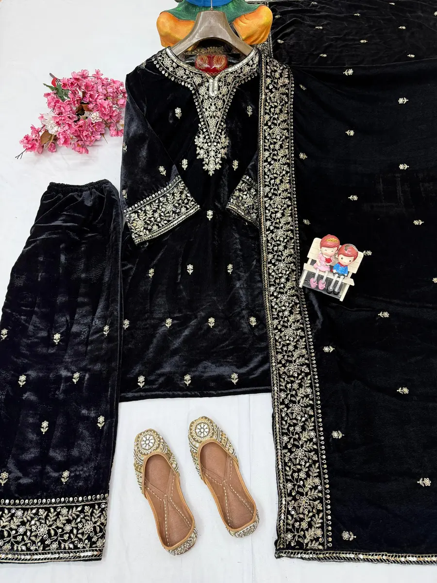 1FANCY VELVET SEQUENCE & ZARI EMBROIDERY WORK TOP PALAZZO WITH DUPATTA FESTIVE WEAR WHOLESALE PRICE ETHNIC GARMENT (49)