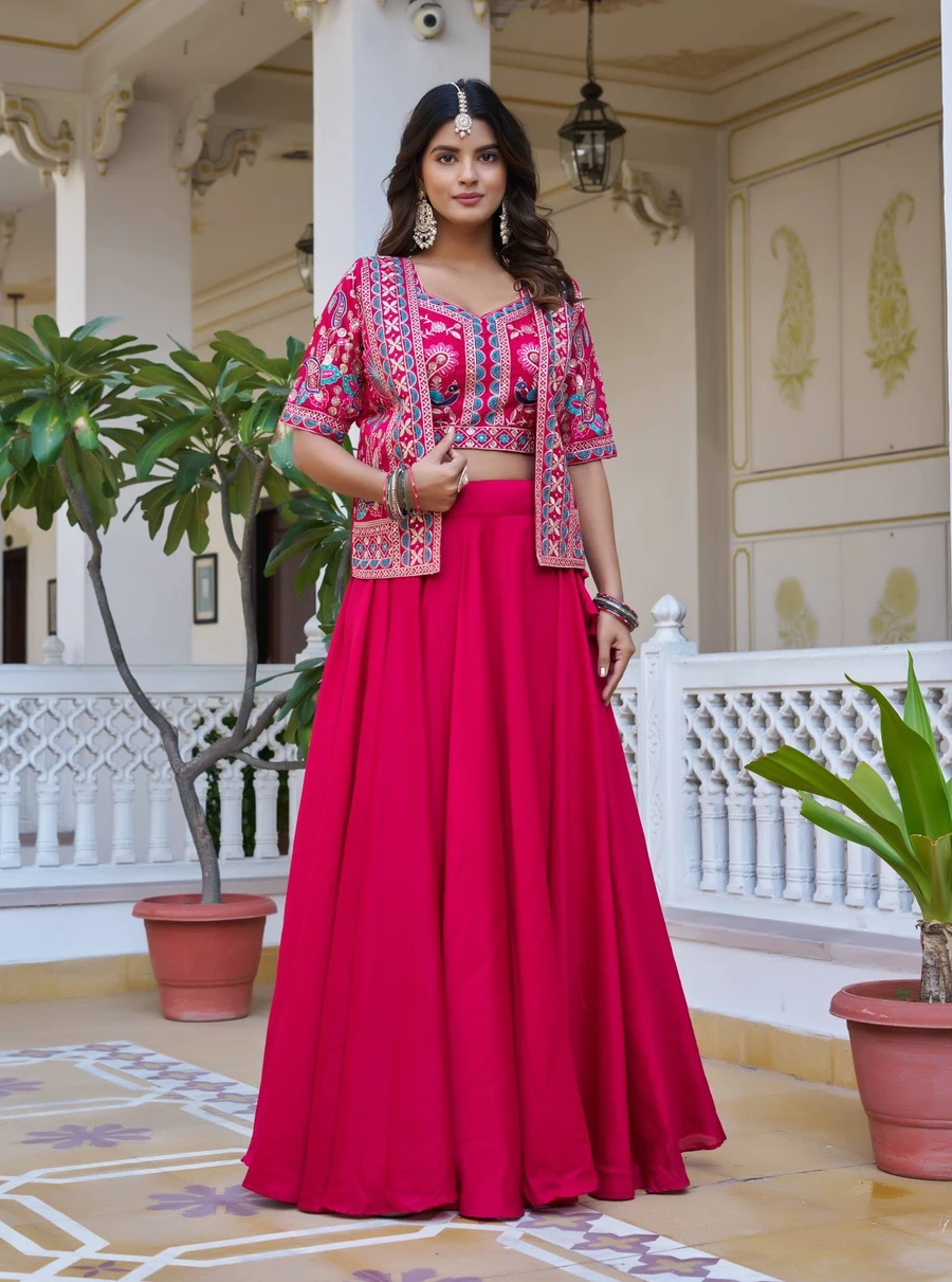 1FANCY VICHITRA EMBROIDERY THARED WORK LEHENGA CHOLI WITH KOTI WEDDING WEAR WHOLESALE PRICE ETHNIC GARMENT (9)