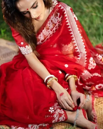 LATEST ORGANZA EMBRODERY MULTI THREAD WORK SAREE WITH UNSTITCHED BLOUSE RED