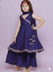 MODERN CHANDERI SILK PRINTED WORK TOP SHARARA WITH DUPATTA NAVY BLUE