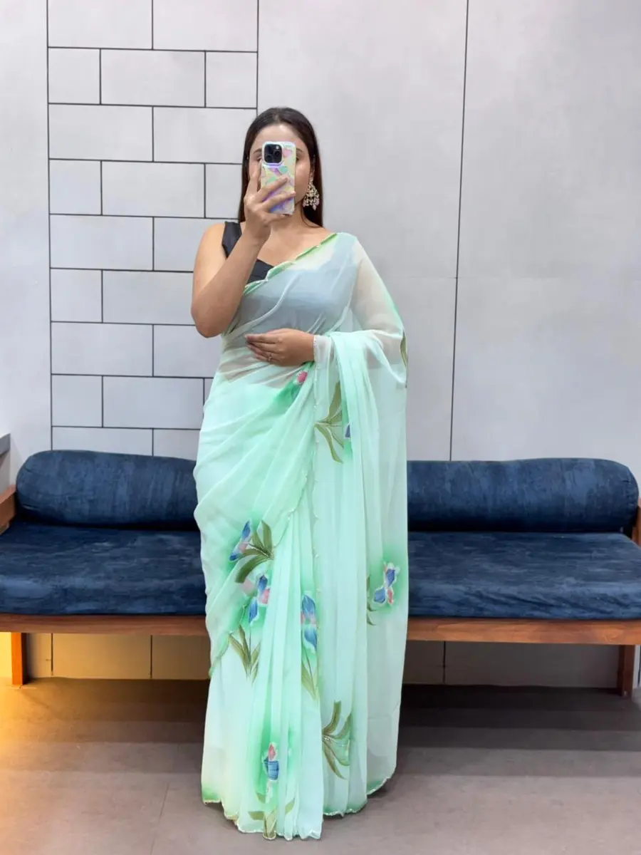 1MODERN GEORGETTE HANDPAINT FLOWER PRINT PANEL WORK WITH CUT DANA HANDWORK SAREE WITH UNSTITCHED BLOUSE PARTY WEAR WHOLESALE PRICE ETHNIC GARMENT (12)