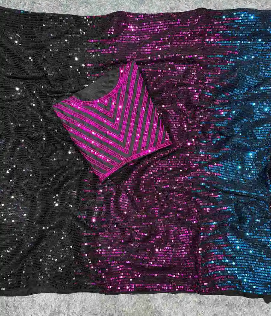 1MODERN GEORGETTE MULTICOLORED SEQUENCE EMBROIDERY WORK SAREE WITH UNSTITCHED BLOUSE PARTY WEAR WHOLESALE PRICE ETHNIC GARMENT (5)