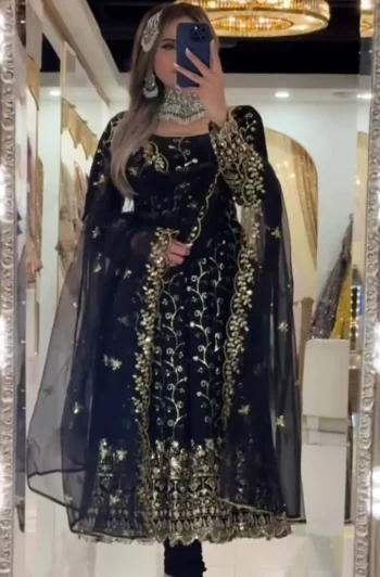 MODERN GEORGETTE SEQUENCE EMBROIDERY WORK ANARKALI BOTTOM WITH DUPATTA BLACK