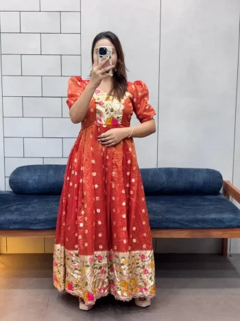 NEW ARRIVAL COSMOS JACQUARD PRINT WITH CODING SEQUENCE EMBROIDERY LACE WORK GOWN ORANGE