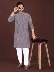 NEW ARRIVAL COTTON BLEND HANDCRAFTED LUCKHNAWI CHIKANKARI WORK MEN'S KURTA PAYJAMA PURPLE