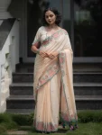 NEW ARRIVAL LINEN COTTON DIGITAL PRINTED WORK SAREE WITH UNSTITCHED BLOUSE CREAM