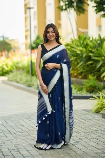 NEW ARRIVAL LINEN RICH PALLU & JACQUARD WORK SAREE WITH UNSTITCHED BLOUSE NAVY BLUE