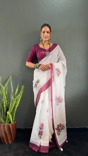 NEW ARRIVAL LINEN SILK DIGITAL PRINT WORK READY TO WEAR SAREE WITH UNSTITCHED BLOUSE WINE