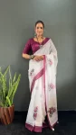 NEW ARRIVAL LINEN SILK DIGITAL PRINT WORK READY TO WEAR SAREE WITH UNSTITCHED BLOUSE WINE