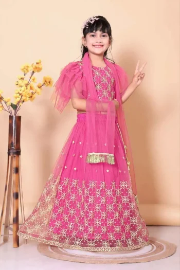 NEW ARRIVAL NET LACE BORDER WITH SEQUENCE EMBROIDERY WORK KID'S LEHENGA CHOLI WITH DUPATTA PINK