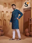 1NEW ARRIVAL ROMAN SILK REAL MIRROR AND EMBROIDERY WORK MEN’S KURTA PAYJAMA FESTIVE WEAR WHOLESALE PRICE ETHNIC GARMENT (7)