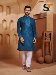 NEW ARRIVAL ROMAN SILK REAL MIRROR AND EMBROIDERY WORK MEN'S KURTA PAYJAMA TEAL