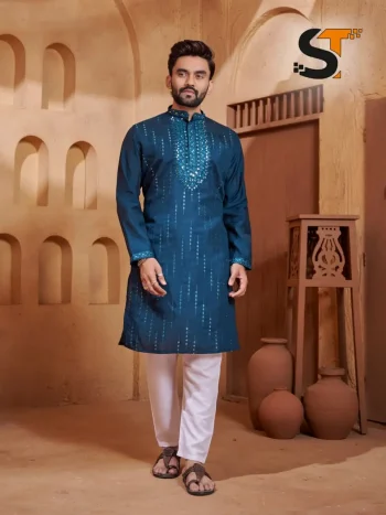 NEW ARRIVAL ROMAN SILK REAL MIRROR AND EMBROIDERY WORK MEN'S KURTA PAYJAMA TEAL