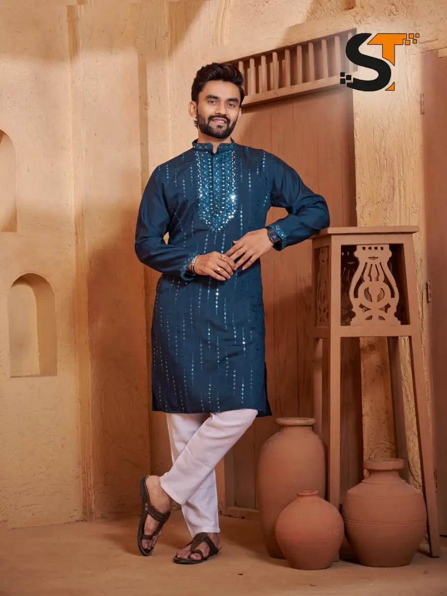 1NEW ARRIVAL ROMAN SILK REAL MIRROR AND EMBROIDERY WORK MEN'S KURTA PAYJAMA FESTIVE WEAR WHOLESALE PRICE ETHNIC GARMENT (8)