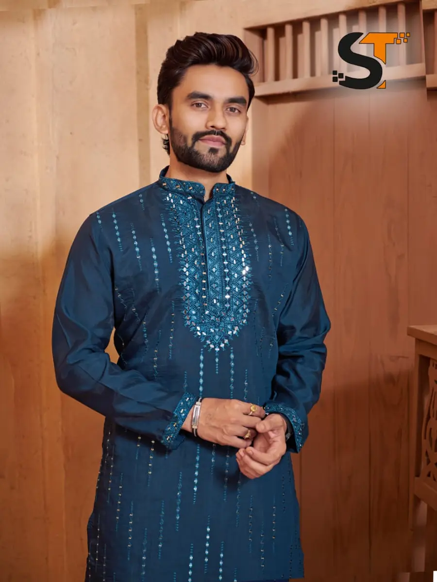 1NEW ARRIVAL ROMAN SILK REAL MIRROR AND EMBROIDERY WORK MEN'S KURTA PAYJAMA FESTIVE WEAR WHOLESALE PRICE ETHNIC GARMENT (9)